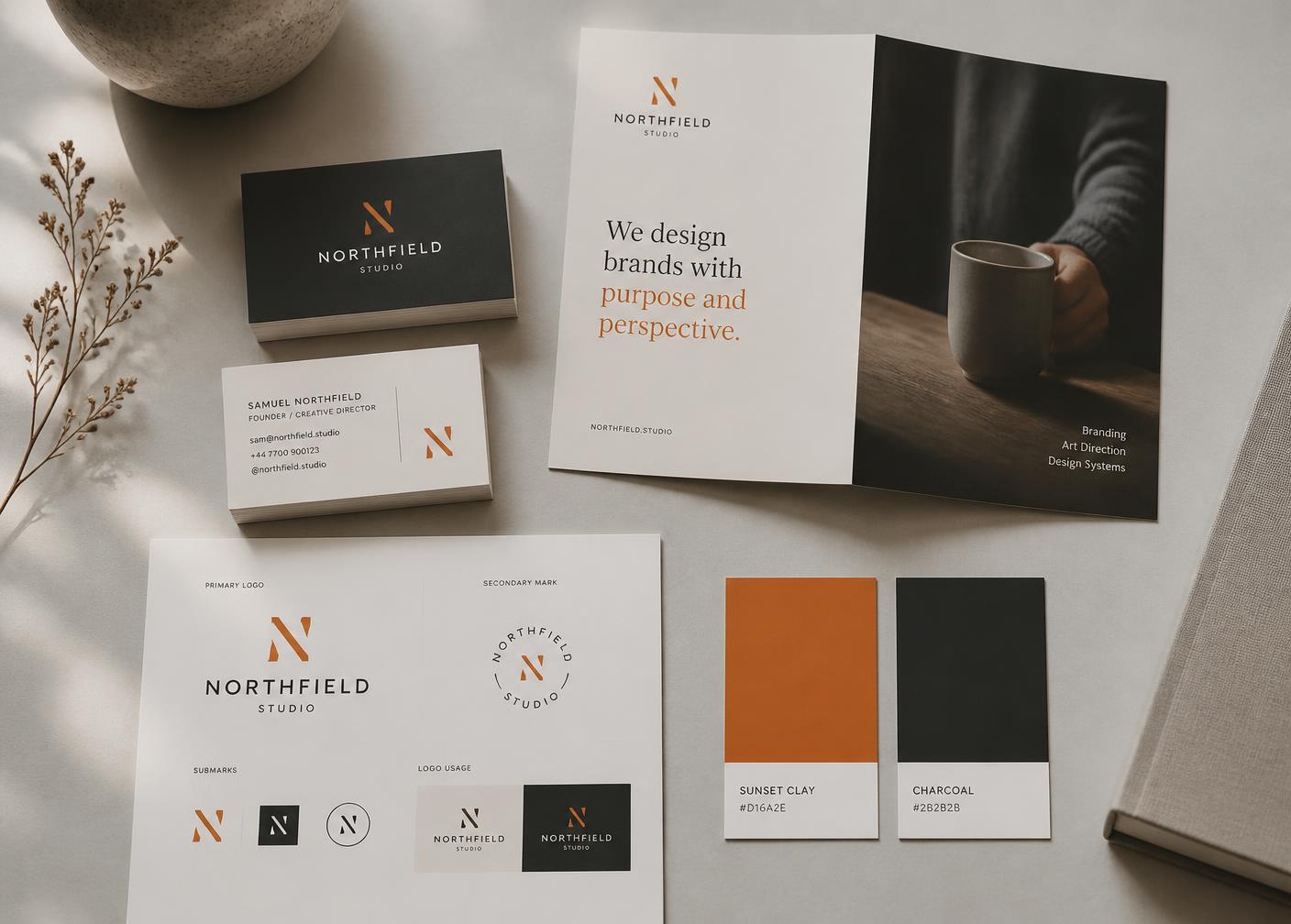 Business cards, flyer, logo sheet and brand color chips laid out on a desk