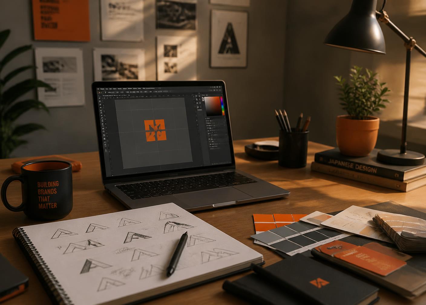 Logo sketches, color swatches and design software on a studio desk